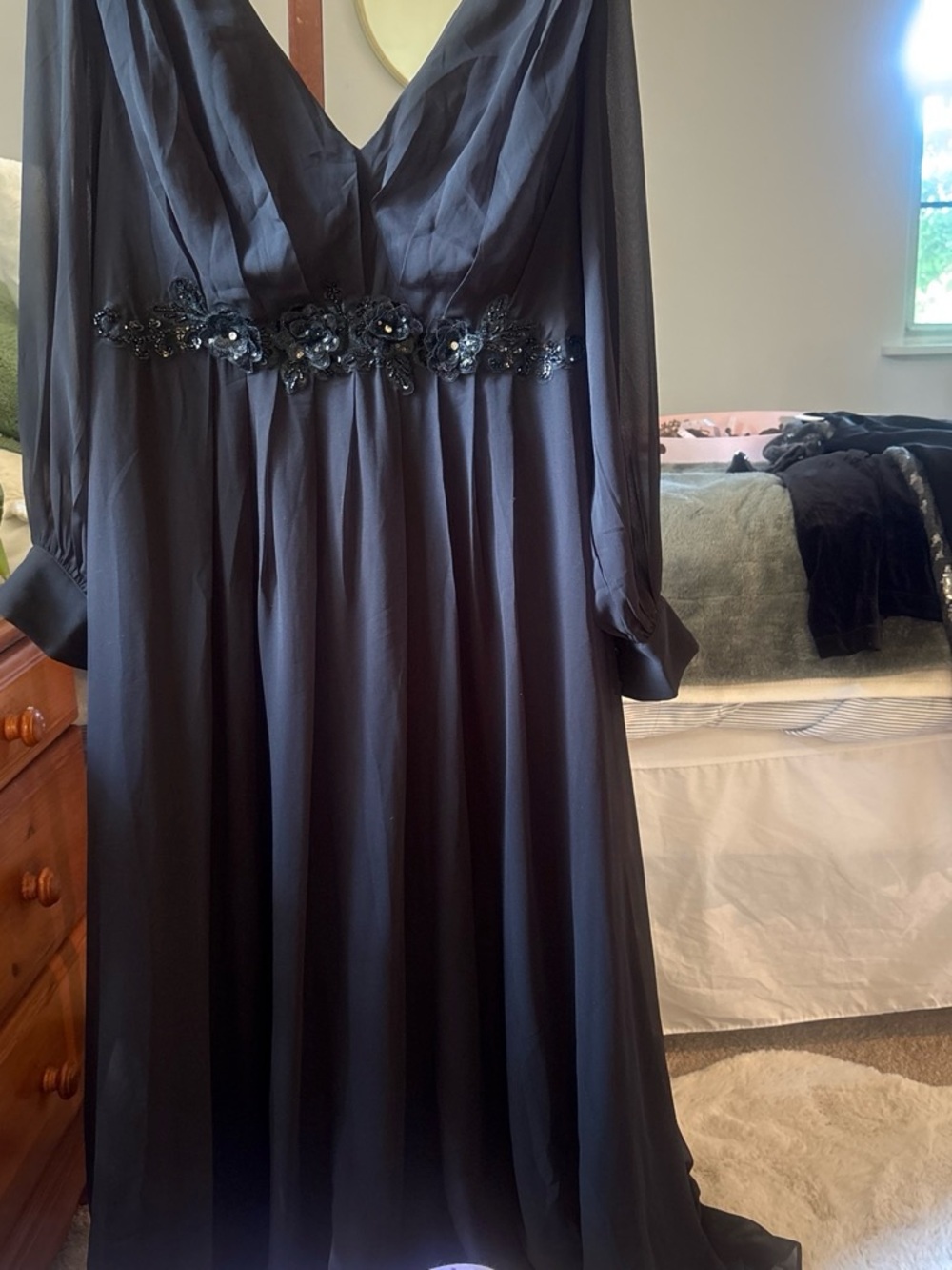Black V-Neck Maxi Dress with Beaded Waist